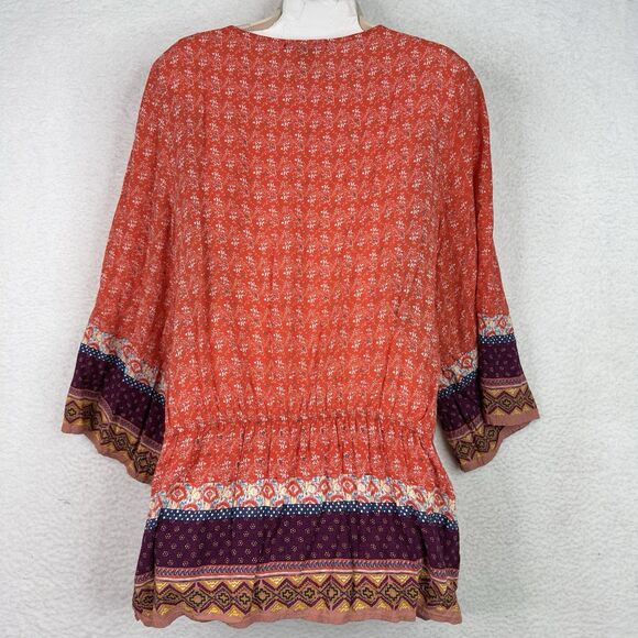 Black Note Boho Peasant Tunic Top‎ Women’s XL Orange Floral Border Print Peplum - Picture 9 of 15